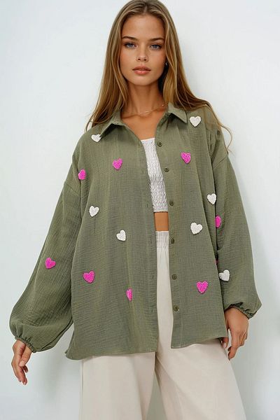 VAGGON Women's Khaki Süzene Heart Embroidered Oversize Muslin Linen Shirt Prmx13791