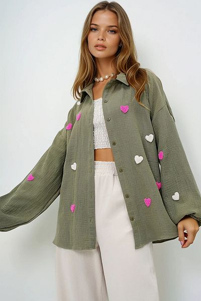 VAGGON Women's Khaki Süzene Heart Embroidered Oversize Muslin Linen Shirt Prmx13791