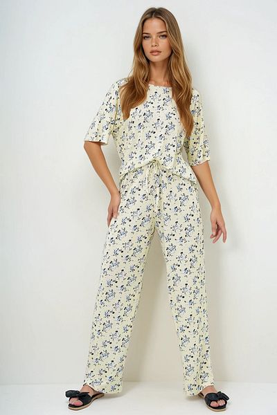 VAGGON Women's Butter Yellow Floral Patterned Cotton T-Shirt and Pants Pajama Set Pjmx13905