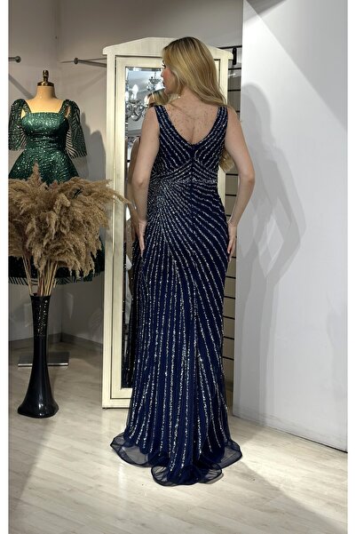 E&A Eren Abiye KADIN LACİVERT KALIN ASKILI TAŞ BASKI BALİK ABİYE