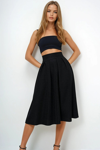 VAGGON Women's Black High Waist Wide Belt Hidden Zipper Midi Length Textured Lined Skirt Prmx13473