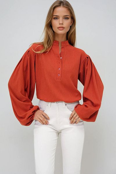 VAGGON Women's Tile Judge Collar Front Buttoned Balloon Sleeve Textured Shirt Blouse Prmx11872