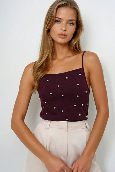 VAGGON Women's Burgundy Square Collar Trok Stone Pocketed Rope Strap Blouse Prmx13884