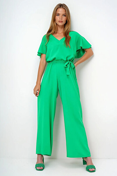 VAGGON Γυναικεία πράσινη φόρμα με λαιμόκοψη V με μανίκια με αυτοζώνη υφαντή καλοκαιρινή φόρμα Prmx13787