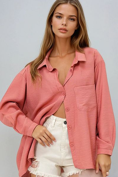 VAGGON Women's Tile Single Pocket Linen Blended Oversize Shirt Prmx13964