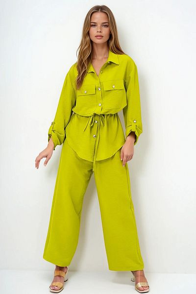 VAGGON Women's Oil Green Double Pocket Safari Jacket and Elastic Waist Wide Leg Aerobin Trousers Suit Ymx8448
