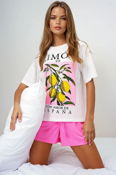 VAGGON Women's Pink Lemon Printed Cotton Basic T-Shirt and Shorts Pajama Set Pjmx13903