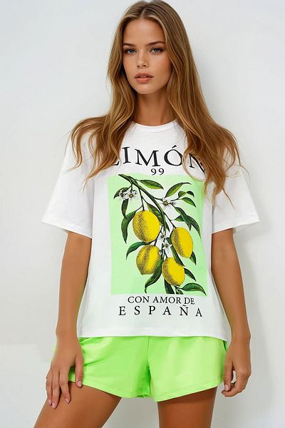 VAGGON Women's Lemon Green Lemon Printed Cotton Basic T-Shirt and Shorts Pajama Set Pjmx13903