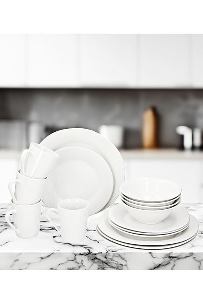 Alpina Home Set de cină și mic dejun Set de masă cu 16 farfurii și căni din ceramică albă Farfurii