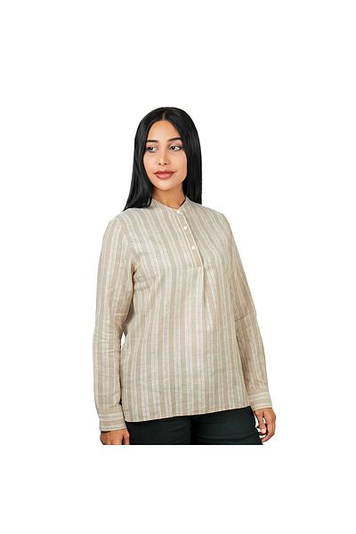 Giordano Women's Linen Cotton Dobby Shirt - Stand Collar, Garment Wash Comfort Fit