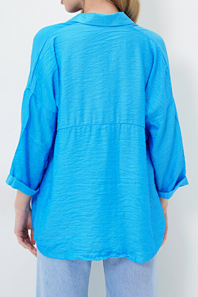 VAGGON Women's Blue Double Pocket Oversize Woven Shirt Prmx13960
