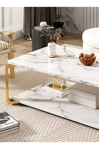 Generica Wooden table with steel legs, white marble color, dimensions: height 40 * length 120 * width 60