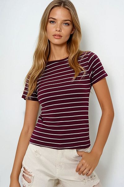 VAGGON Women's Burgundy Crew Neck Striped T-Shirt Prmx13919