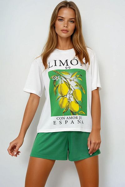 VAGGON Women's Green Lemon Printed Cotton Basic T-Shirt and Shorts Pajama Set Pjmx13903