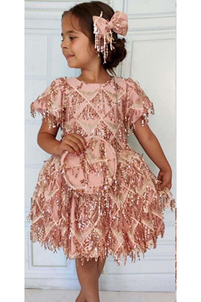 Riccotarz Kız Çocuk Üzeri Pulpayet İşlemeli Püsküllü Parlak Somon Elbise