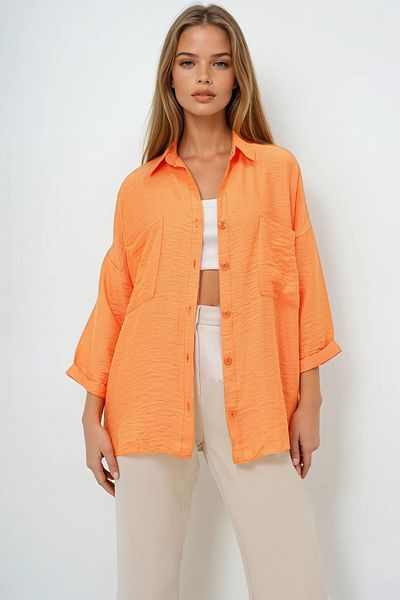 VAGGON Women's Orange Double Pocket Oversized Woven Shirt Prmx13960