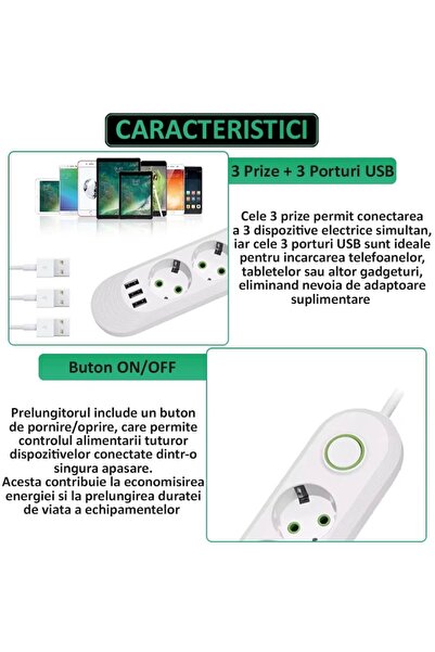 NEXTLY Καλώδιο επέκτασης με 3 υποδοχές και 3 θύρες USB, διακόπτης, κρεμαστή βάση, ανθεκτικό