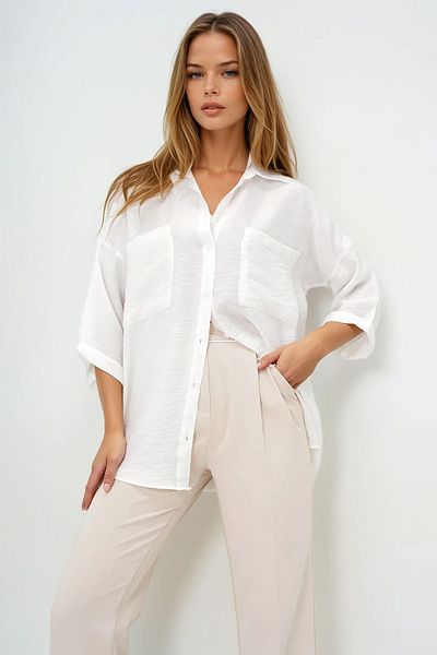 VAGGON Women's White Double Pocket Oversize Woven Shirt Prmx13960
