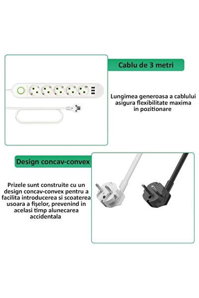 NEXTLY Prelungitor Cu 5 Prize Si 3 Porturi Usb , Intrerupator, Suport De Agatare, Rezistent
