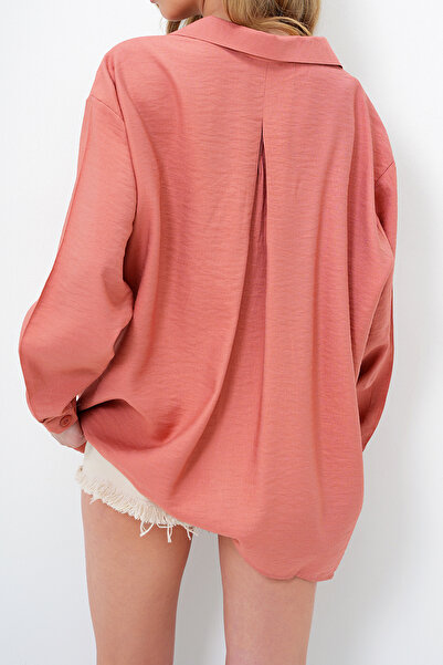 VAGGON Women's Tile Single Pocket Linen Blended Oversize Shirt Prmx13964