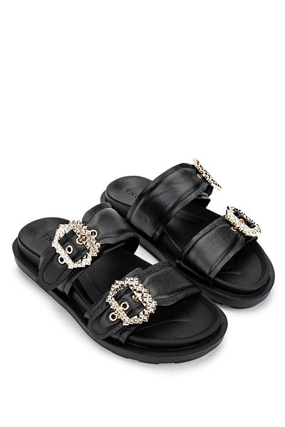 Tamer Tanca Women's Genuine Leather Black Leather Flat Slippers