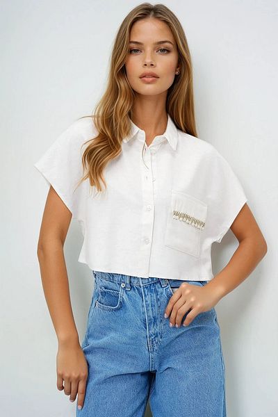 VAGGON Women's Vanilla Pearl Embroidery Detailed Crop Linen Shirt Prmx13886
