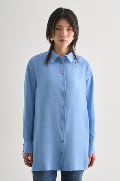 Mizalle Yan Düğme Detaylı Premium Modal Mavi Tunik