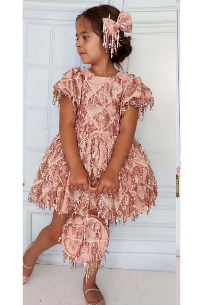 Riccotarz Girl's Sequined Embroidered Tasseled Shiny Salmon Dress