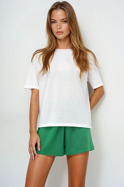 VAGGON Women's Green Cotton Basic T-Shirt and Tie-Up Shorts Combed Cotton Bottom Top Set Pjmx13904