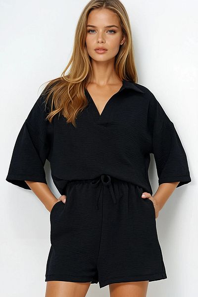 VAGGON Women's Black Polo Neck Aerobin Blouse and Shorts Set Prmx13947