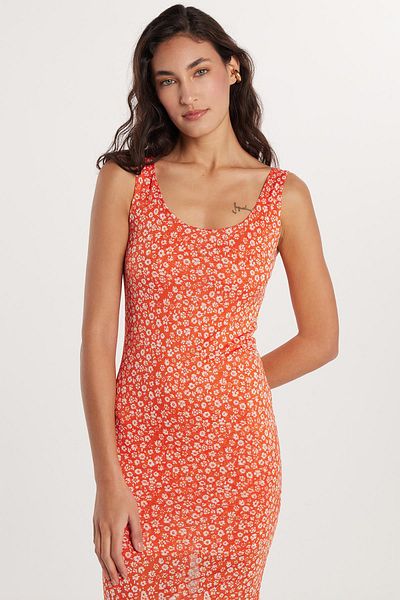 Tudors Rochie slim fit pentru femei, cu bretele groase, cu decolteu în U, imprimată