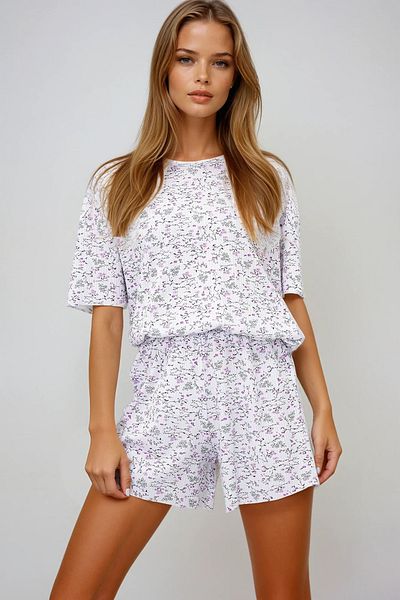 VAGGON Women's Micro Floral Purple V-Neck Cotton Micro Patterned T-Shirt and Shorts Pajama Set Pjmx13894