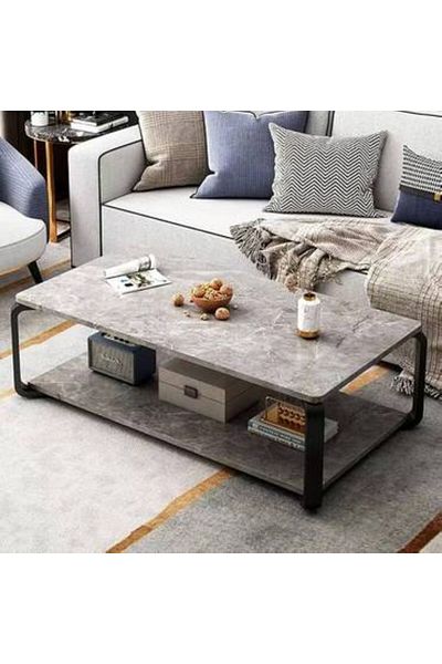 Generica Wooden center table with steel legs, gray marble color, dimensions: height 40 * length 120 * width 60