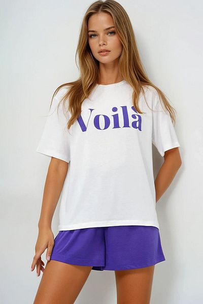 VAGGON Women's Purple Front Text Printed Cotton Basic T-Shirt and Shorts Combed Cotton Bottom Top Set Pjmx13902