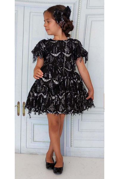 Riccotarz Girl's Sequined Embroidered Tasseled Shiny Black Dress