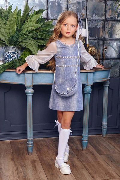 Riccotarz Girl's Gradient Blue Denim Dress with Pearl Ribbon Embroidered on the Collar and over