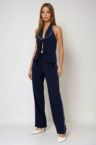 VAGGON Women's Navy Blue Scalloped Backless Woven Vest and Trousers Set Prmx13990