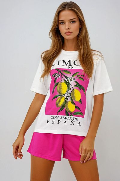 VAGGON Women's Fuchsia Lemon Printed Cotton Basic T-Shirt and Shorts Pajama Set Pjmx13903