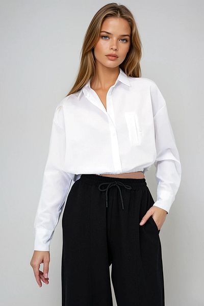 VAGGON Women's White Wide Cuff Elastic Waist Crop Poplin Shirt Prmx13963