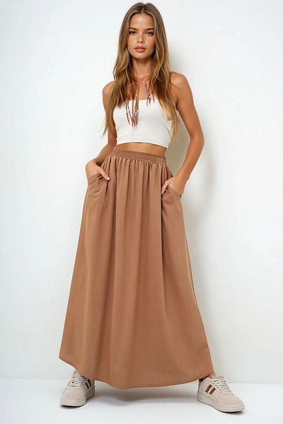 VAGGON Women's Milk Coffee Double Pocket Flared Woven Skirt Prmx13876