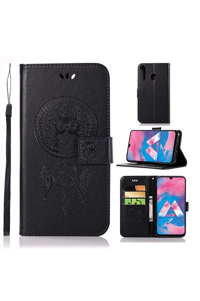 REDz Accessories Book Case, Compatible With Samsung M30, Black, Leather, Wind Chime Owl Design, With Card And Money