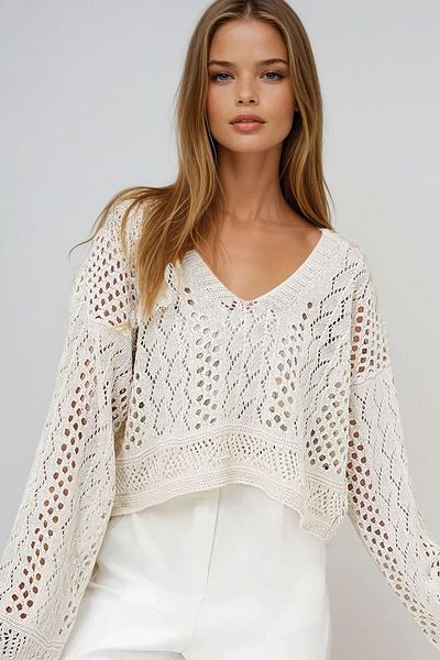 VAGGON Women's Vanilla V-Neck Hair Knitted Patterned Summer Trico Crop Blouse Prmx14057