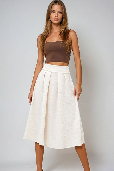 VAGGON Women's Cream High Waist Wide Belt Hidden Zipper Midi Length Textured Skirt Prmx13473