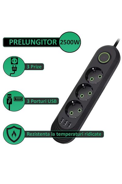 NEXTLY Extension Cord With 3 Sockets And 3 USB Ports, Switch, Hanging Bracket, Durable