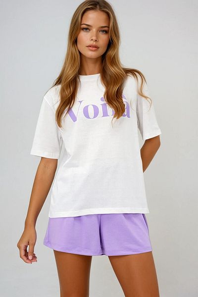 VAGGON Women's Lilac Front Text Printed Cotton Basic T-Shirt and Shorts Combed Cotton Bottom Top Set Pjmx13902