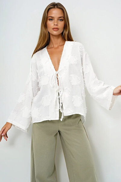 VAGGON Women's White V-Neck Front Tie Tassel Detailed Summer Linen Jacket Prmx13793
