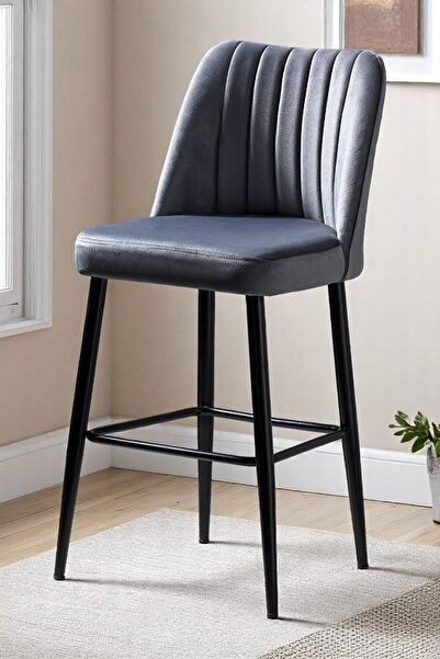 MYMASSA Ada Bar Sandalye - Babyface Gri Kumaş - Metal Siyah Ayak - Mutfak Sandalyesi - Bar Sandalyesi