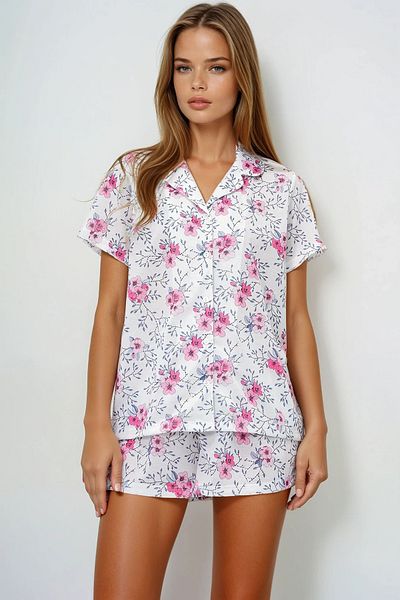 VAGGON Floral Patterned Knitted Cotton Shirt and Shorts Pajama Set