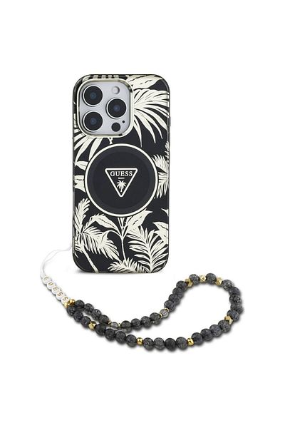 REDz Accessories Husă Guess pentru iPhone 16 Pro, pentru Magsafe, model IML Palm Trees Triangle, curea din perle, neagră