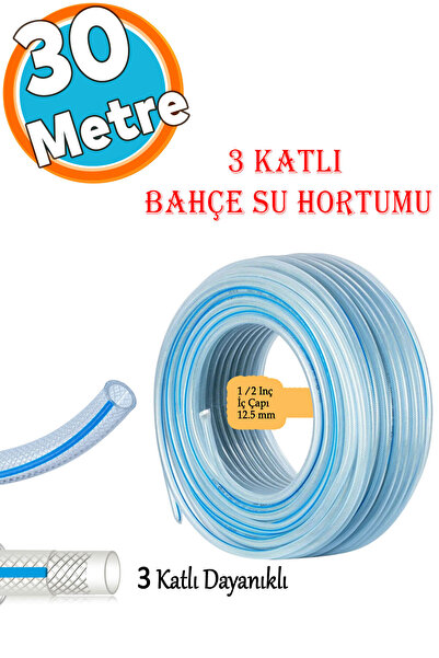 NZB 30 Metre Örgülü Şeffaf Bahçe Hortumu Dayanıklı 3 Katlı Sağlam Çeşme Su Su...